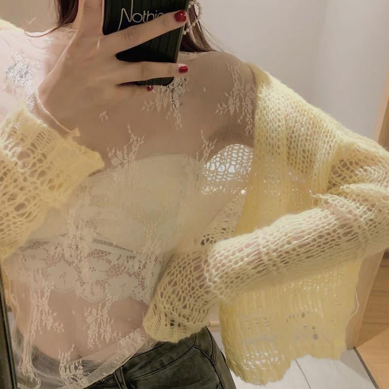 レース 服 インナー 長袖レース透け感ブラウス女性用