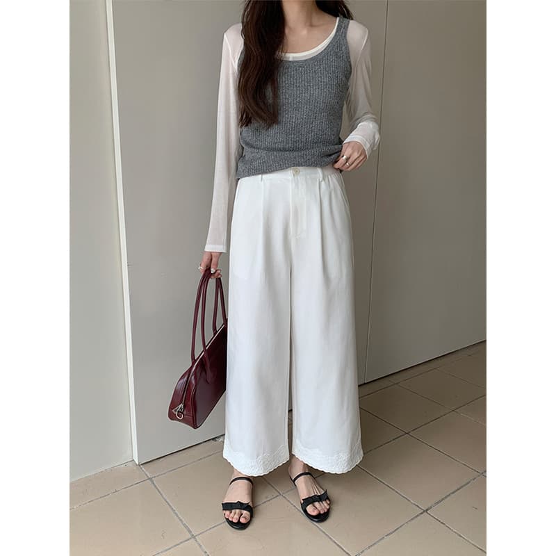 レース 服 裾レース装飾ワイドパンツ
