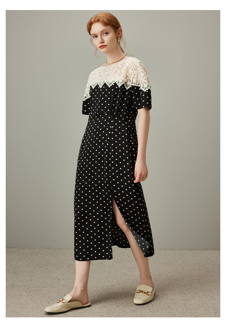 レース 服 レース切り替え水玉スリットワンピース