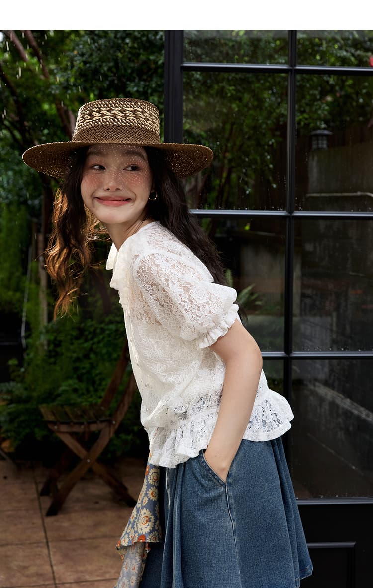 レース 服 透かし彫りフリルレースブラウス