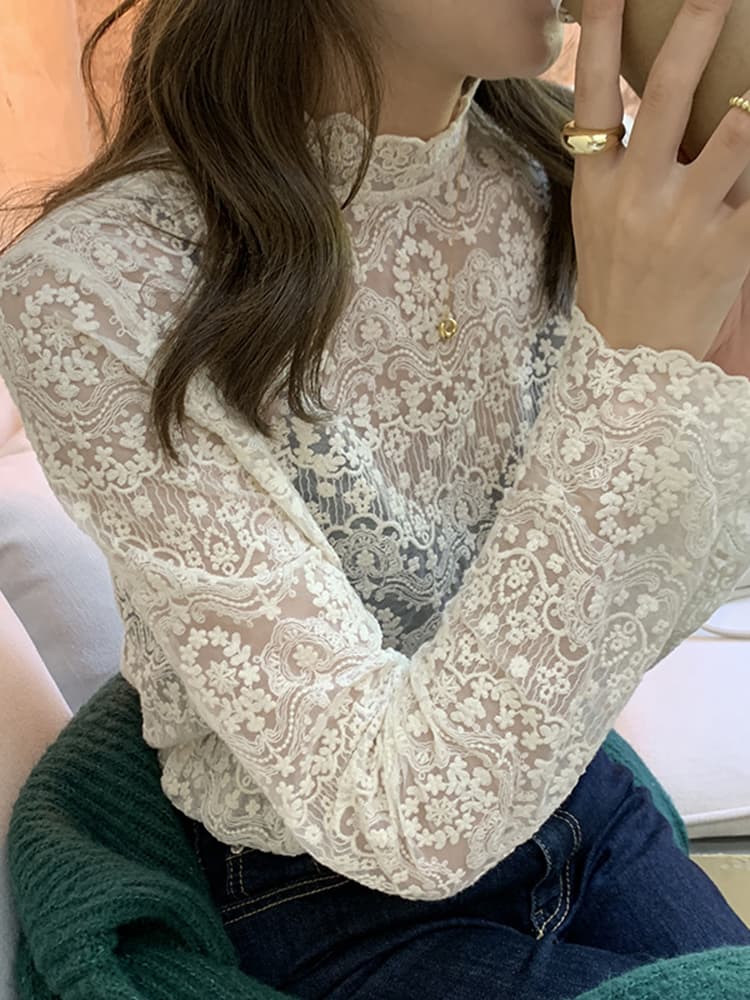 レース 服 花柄刺繍レースハイネックブラウス