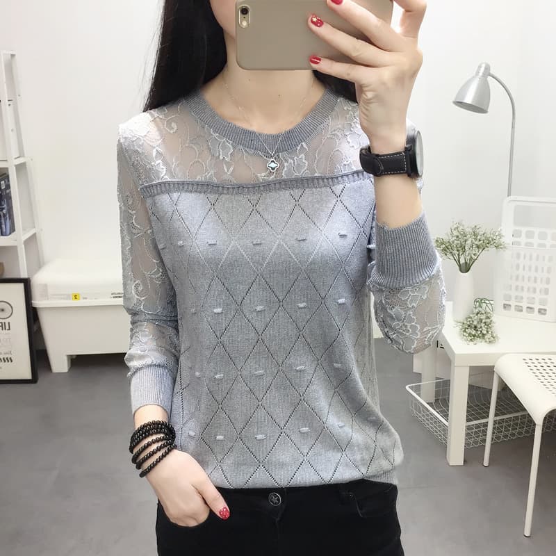 レース 服 透かしレース切替ダイヤ柄ニットプルオーバー