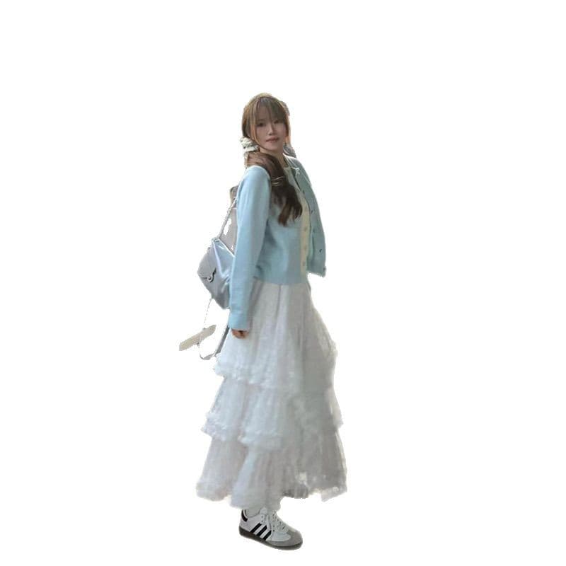 レース 服 ふんわり重ね層レースロングスカート