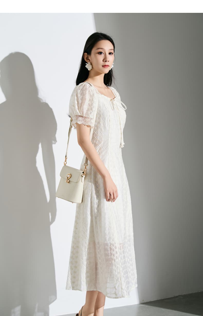 レースファッション 優美なレース編み パフスリーブロングワンピース