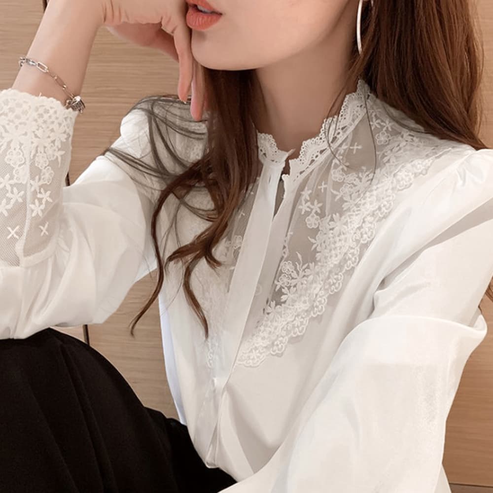 レース 服 刺繍レース長袖ブラウス レディース