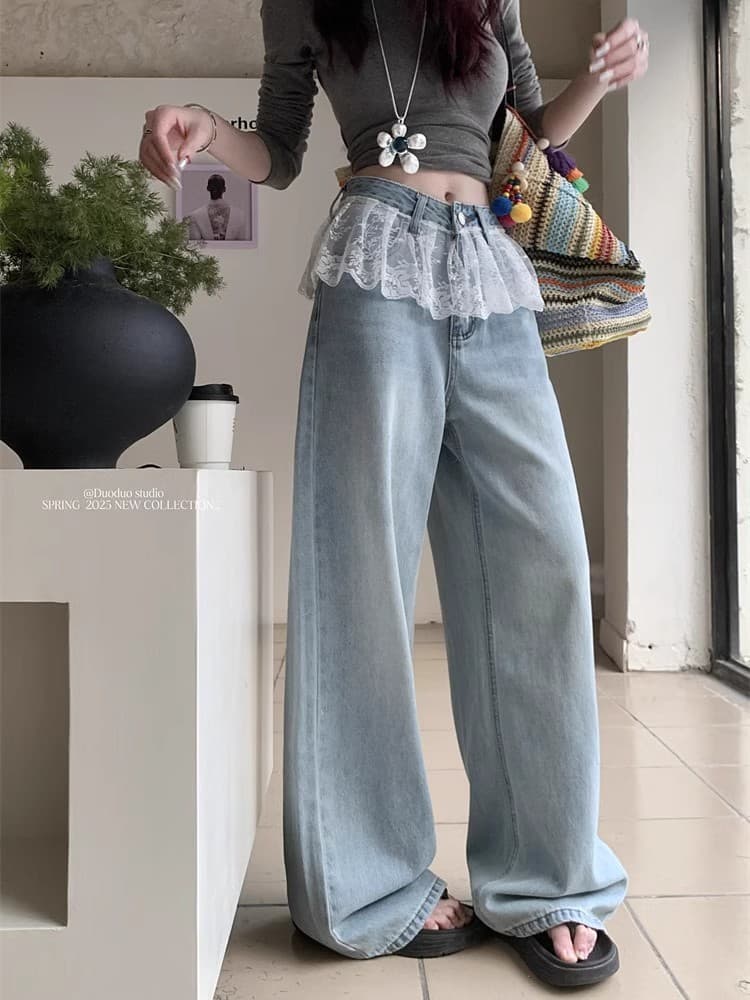 レース 服 レース飾り付き極太デニムパンツ