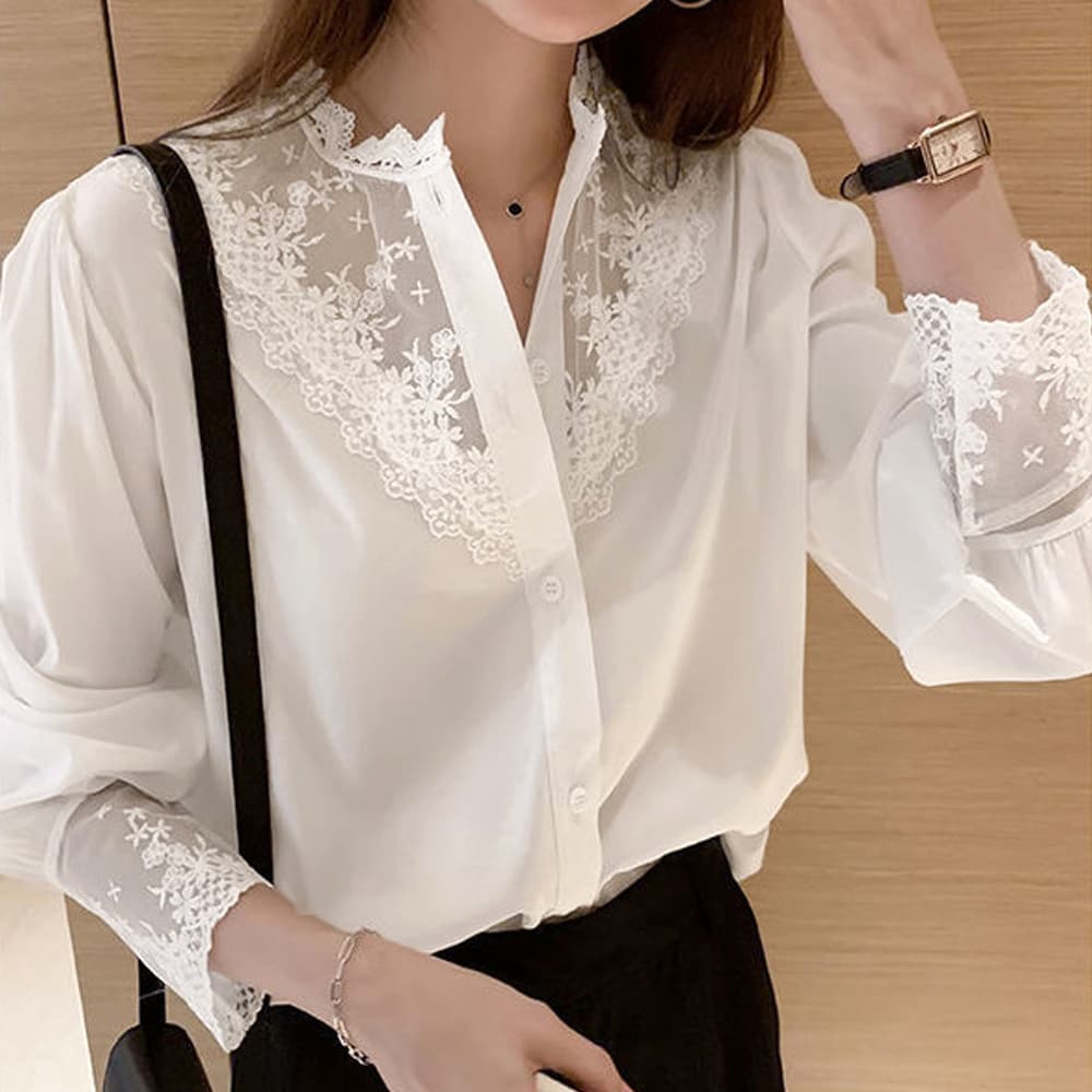 レース 服 刺繍レース長袖ブラウス レディース