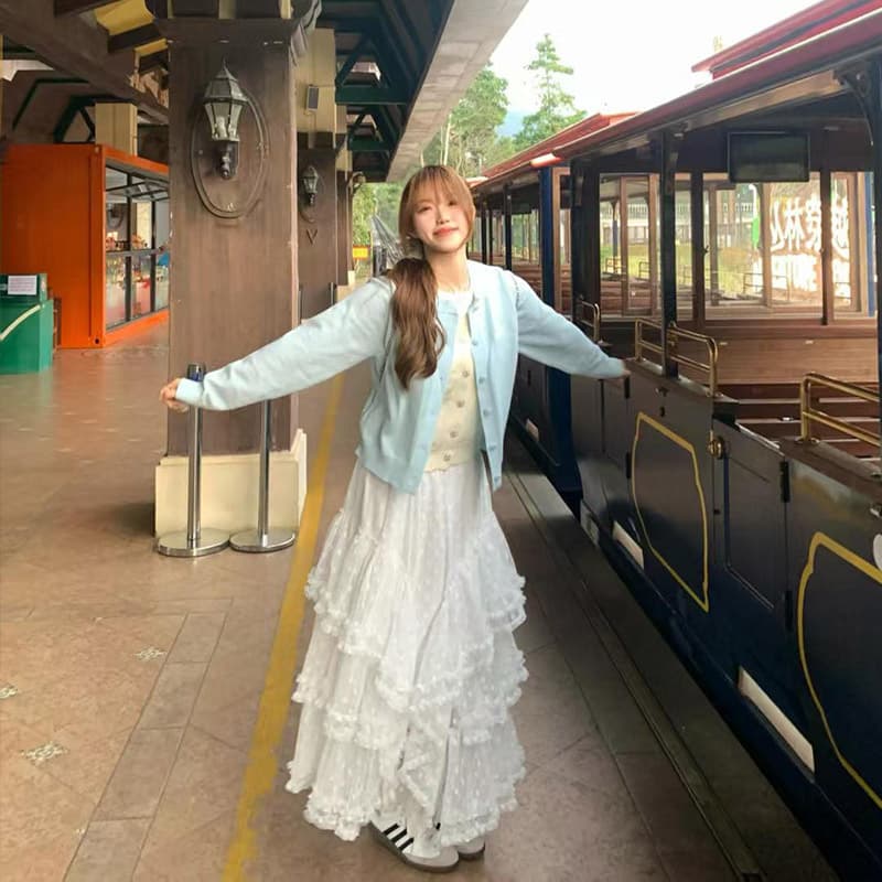 レース 服 ふんわり重ね層レースロングスカート