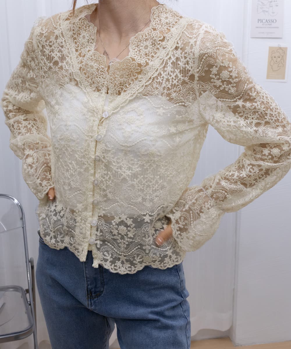 レース 服 繊細花柄レースブラウス 長袖透け感トップス