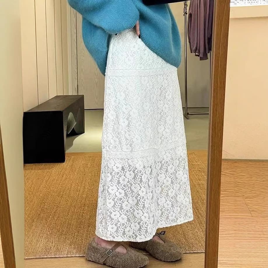 レースファッション 花モチーフ総レースマキシスカート