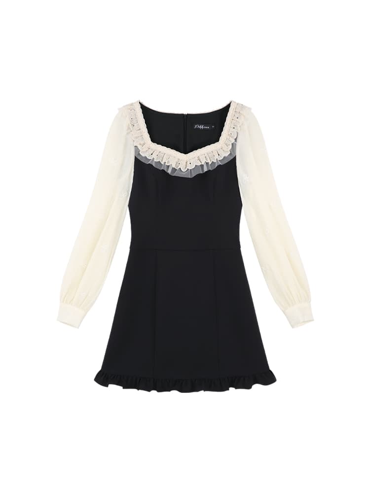 レース 服 フリルレース切り替えデザインワンピース