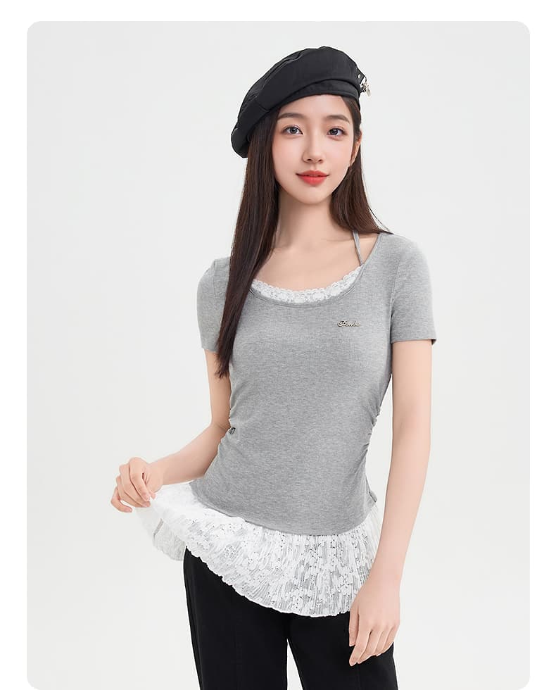 レース 服 レース裾フリル半袖リブトップス