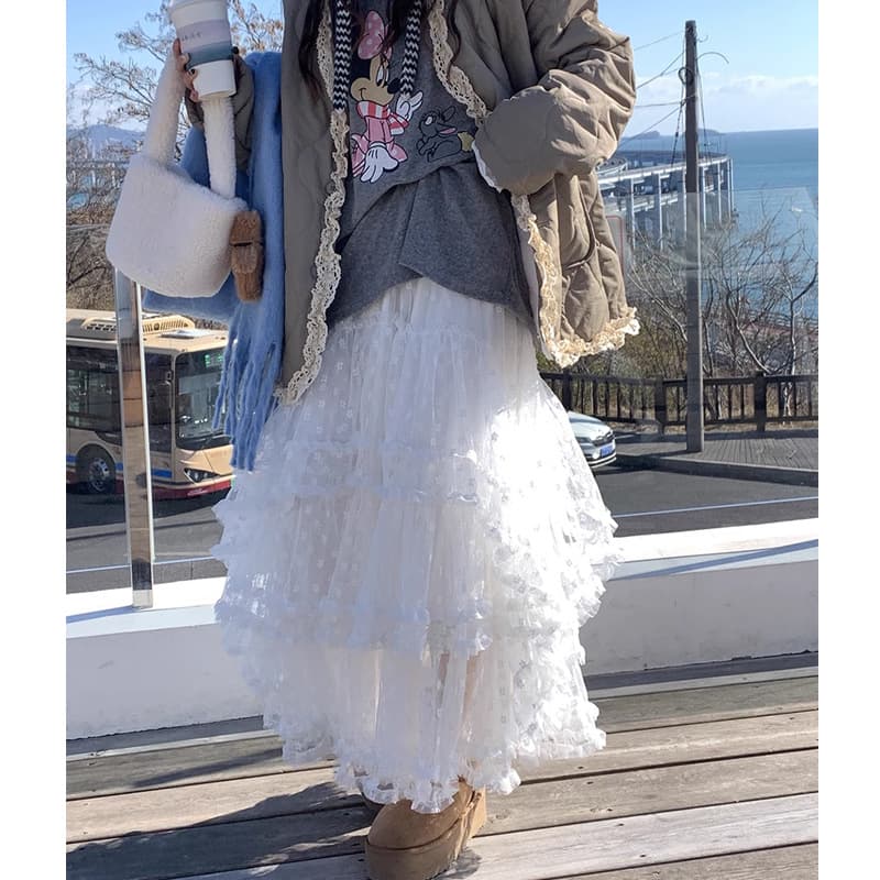 レースファッション ティアードフリルレースフレアスカート