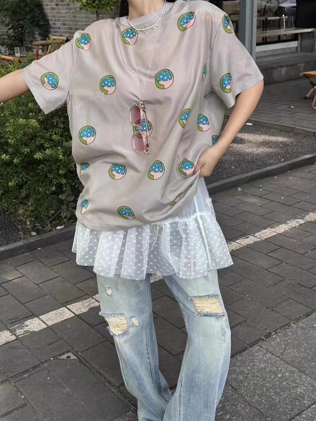 レース 服 ドット柄チュールペチスカート