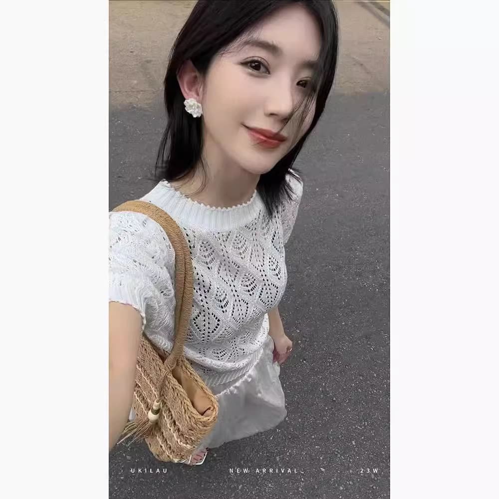 レース 服 透かし模様デザイン編みニットトップス