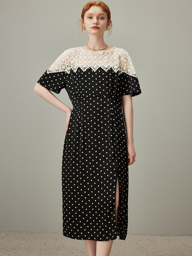 レース 服 レース切り替え水玉スリットワンピース