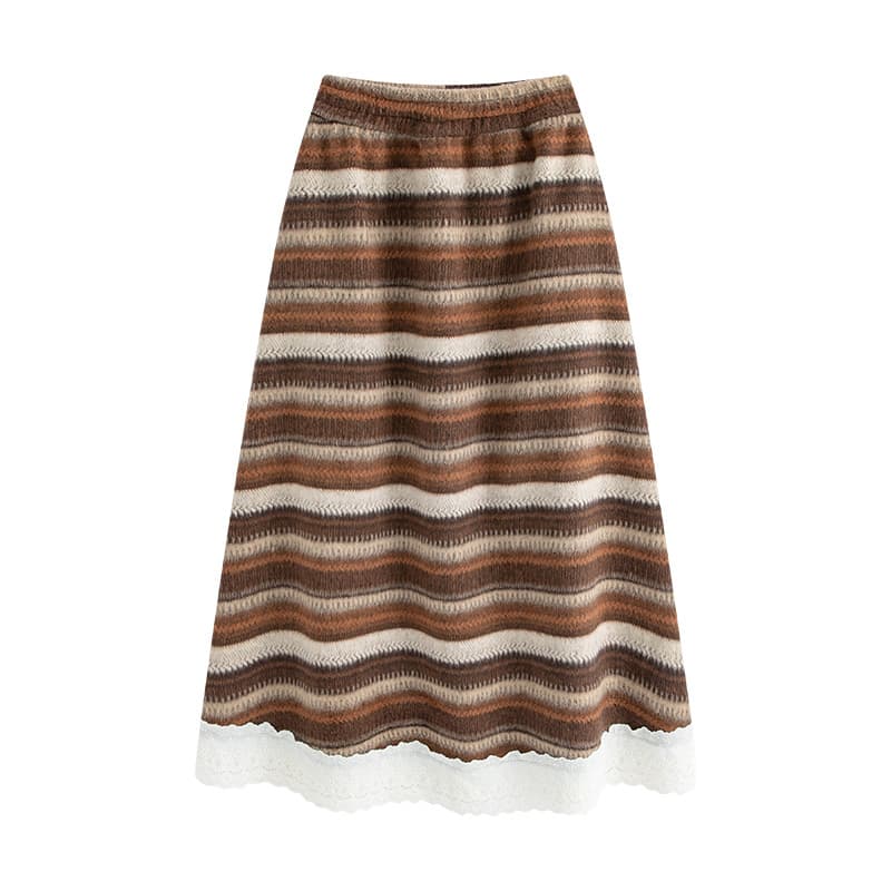 レースファッション レース裾飾りニットロングスカート