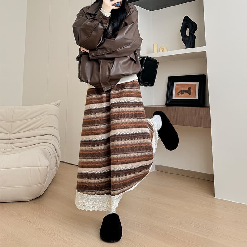 レースファッション レース裾飾りニットロングスカート