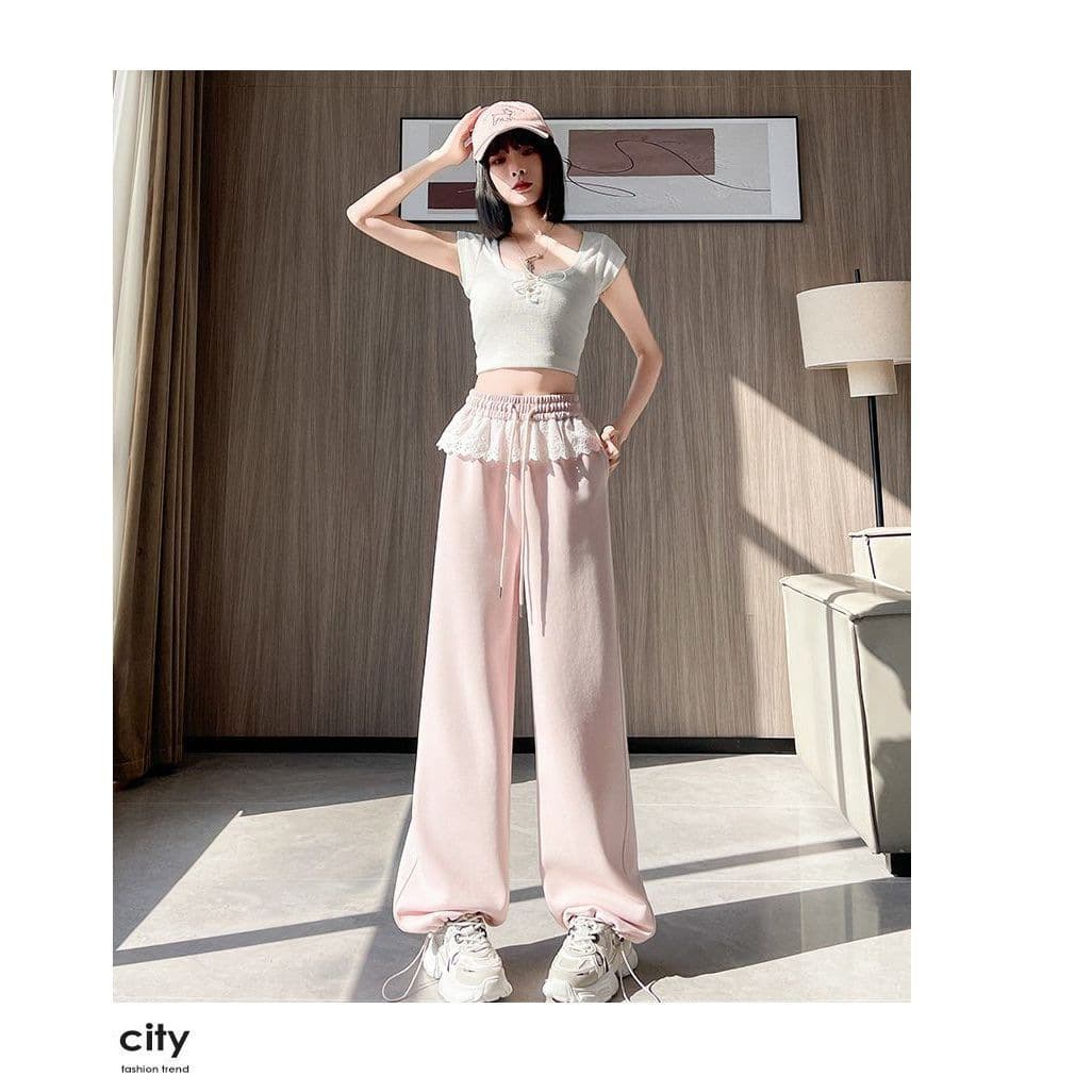 レース 服 レース装飾ウエスト ゆったりワイドパンツ