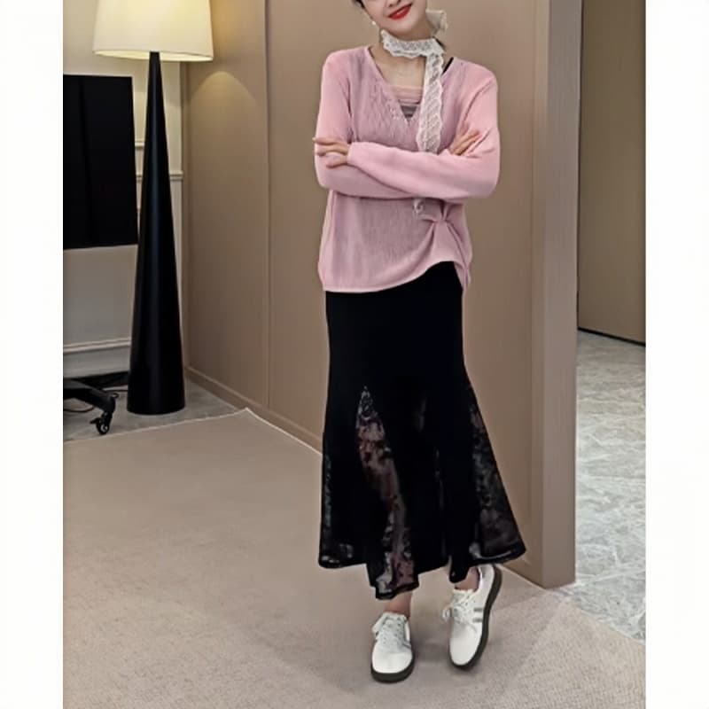 レース 服 透かしレース裾切替えミディ丈ワンピース