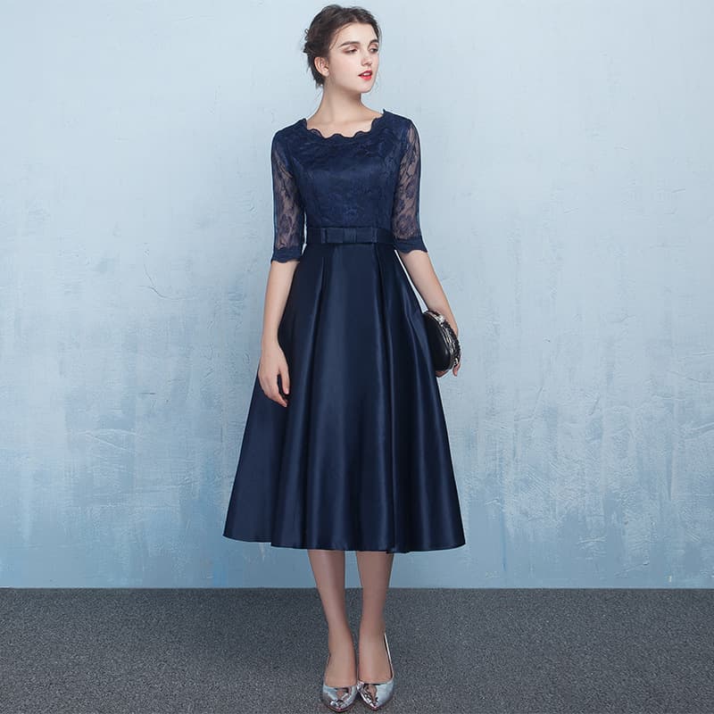 レース 服 優美レース五分袖ミディワンピース