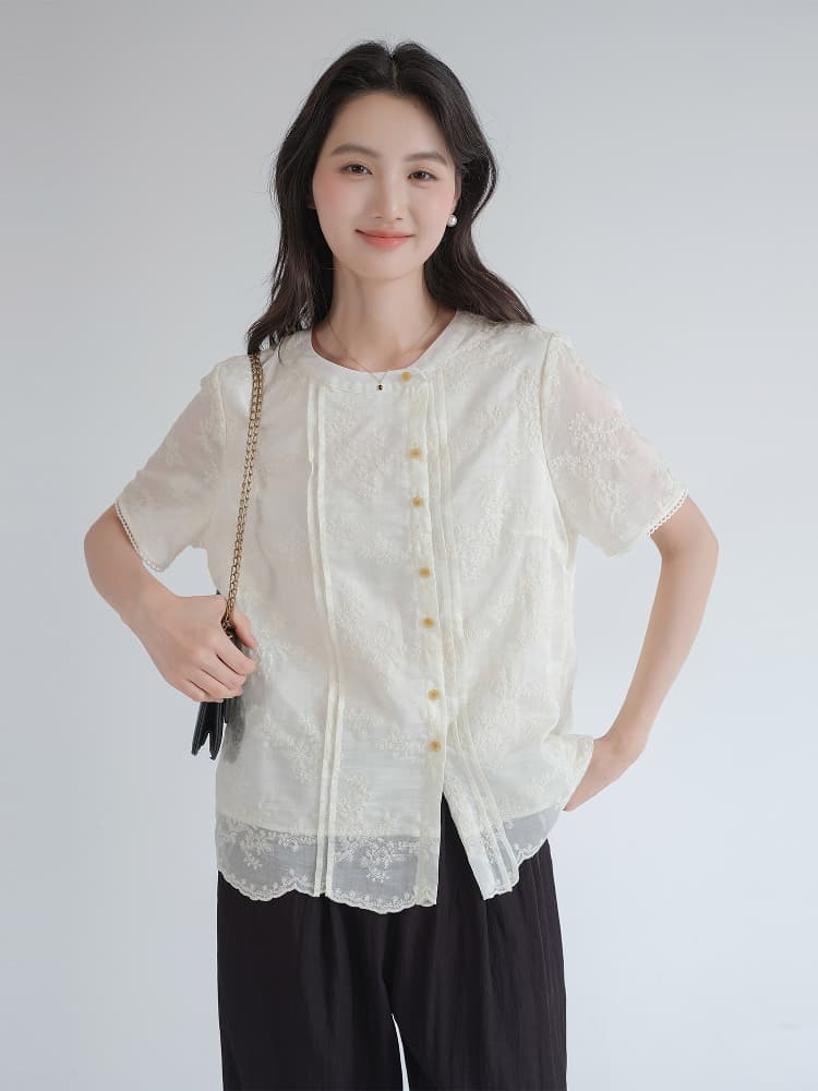 レース 服 花刺繍入り裾レース半袖ブラウス