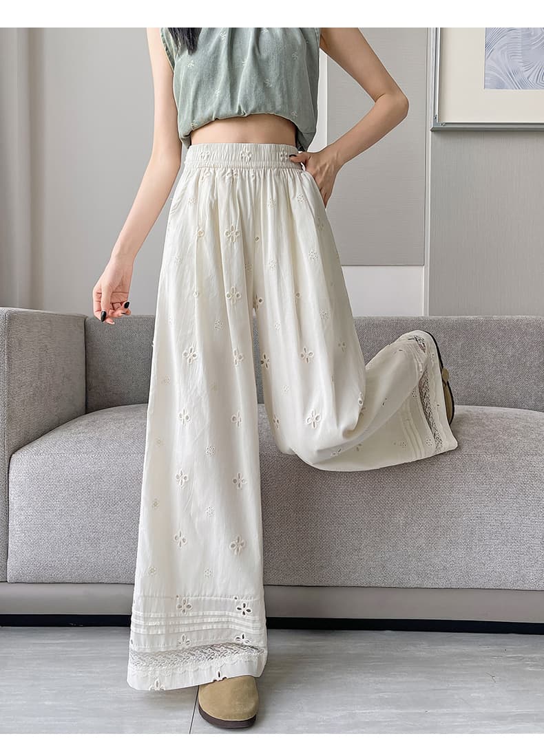 レース 服 花刺繍レース裾ワイドパンツ