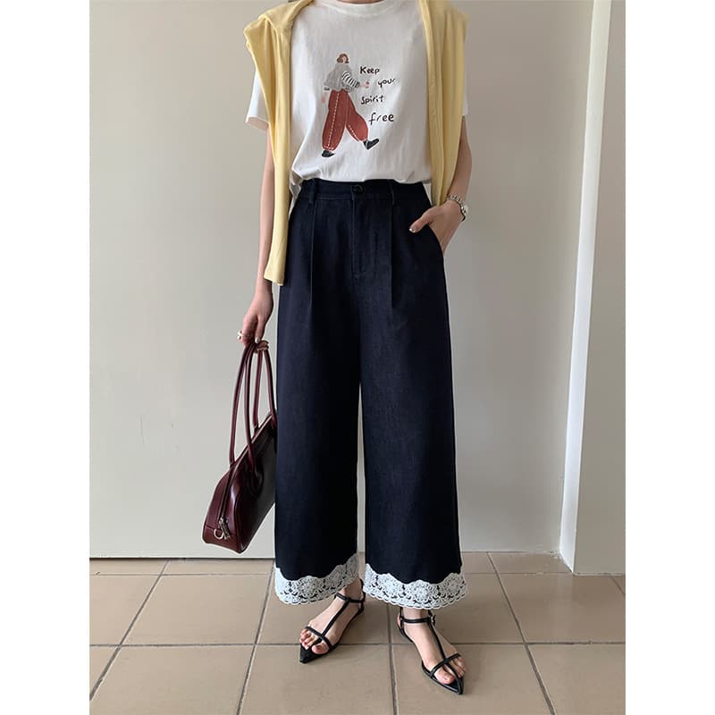 レース 服 裾レース装飾ワイドパンツ