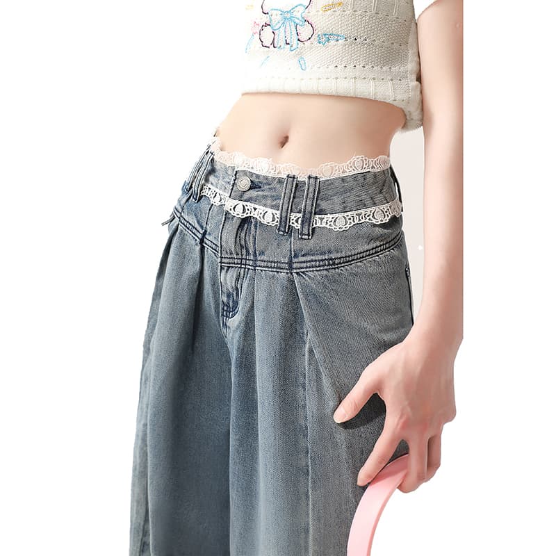 レースファッション ワイドデニムプリーツパンツ