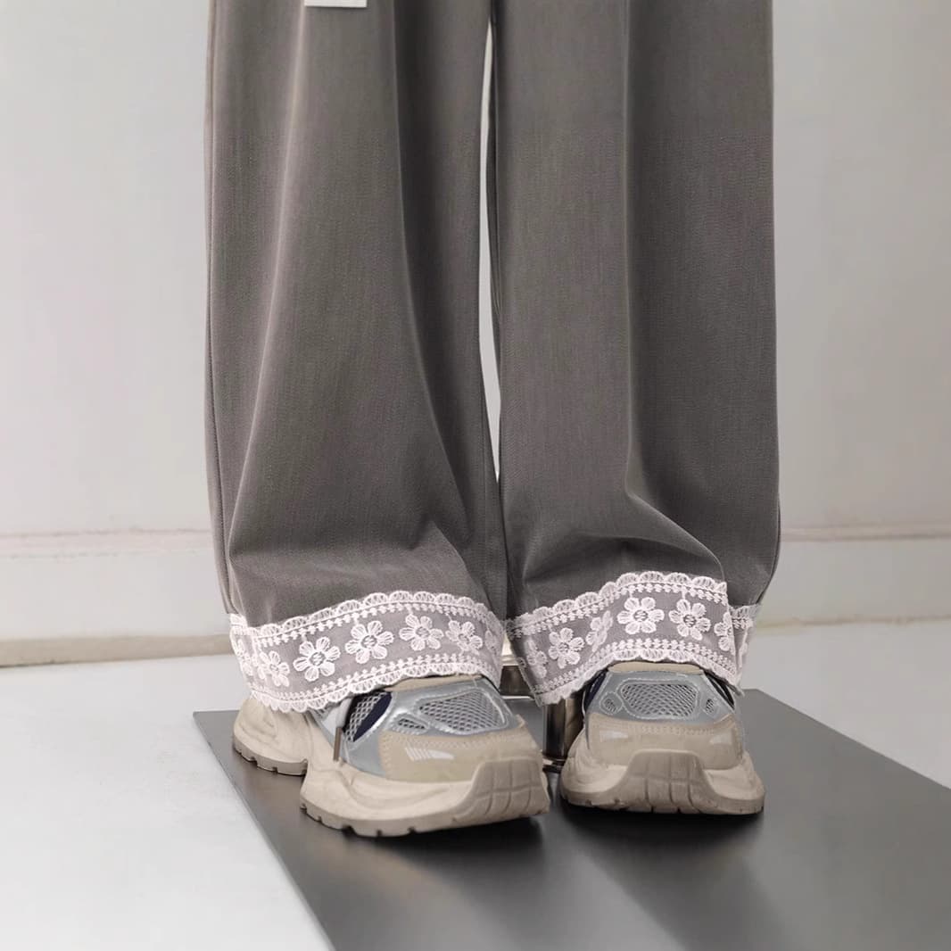 レース 服 花レース装飾 リラックスワイドパンツ