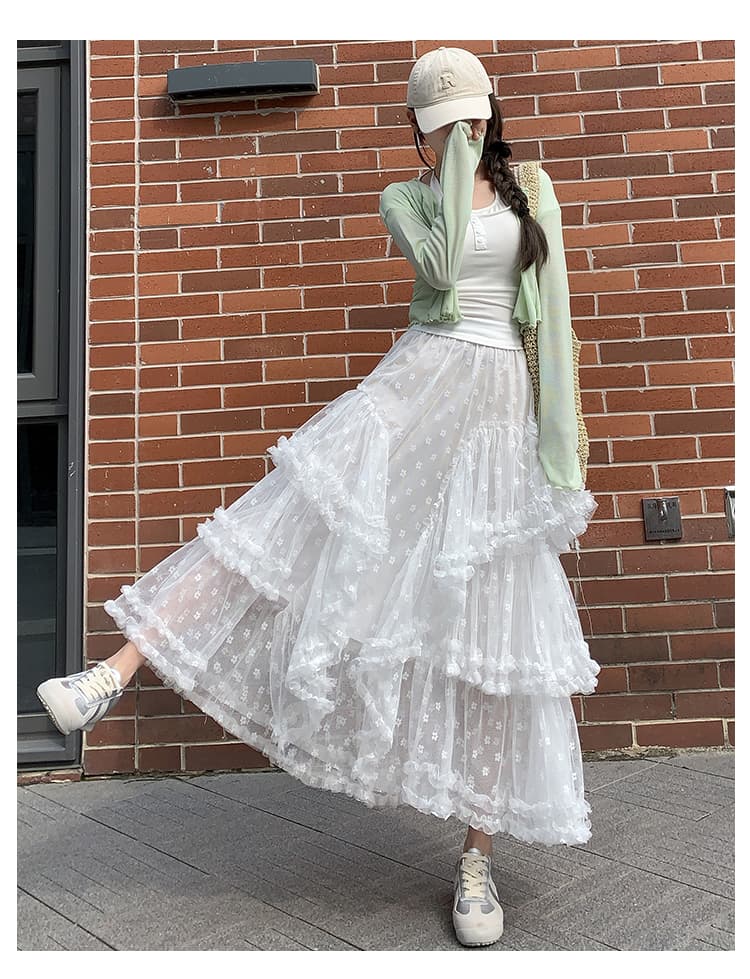 レース 服 ふんわり重ねティアードメッシュスカート