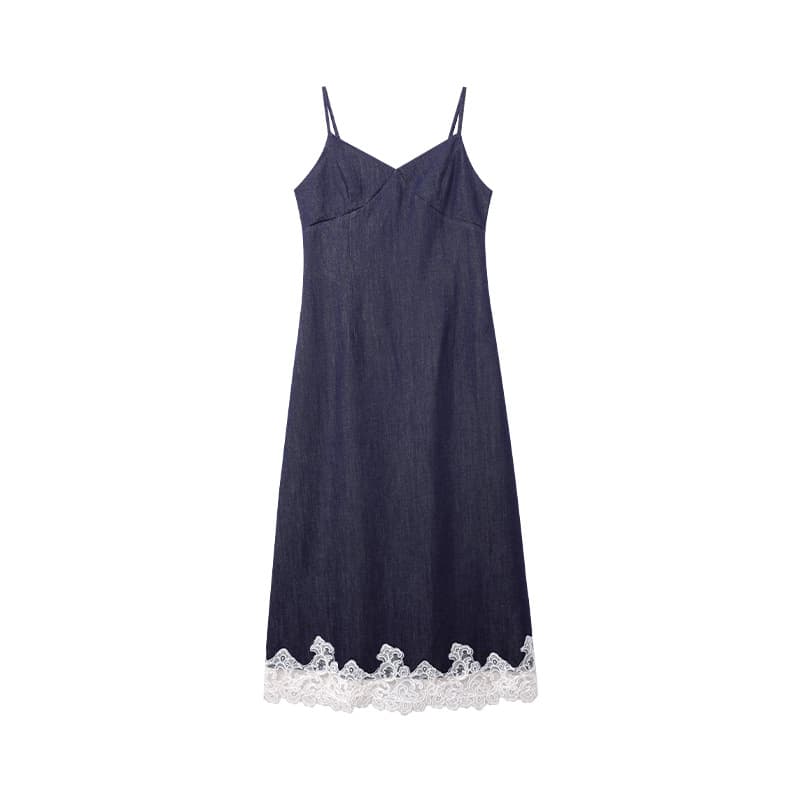 レース 服 レース裾飾り デニム風キャミワンピース