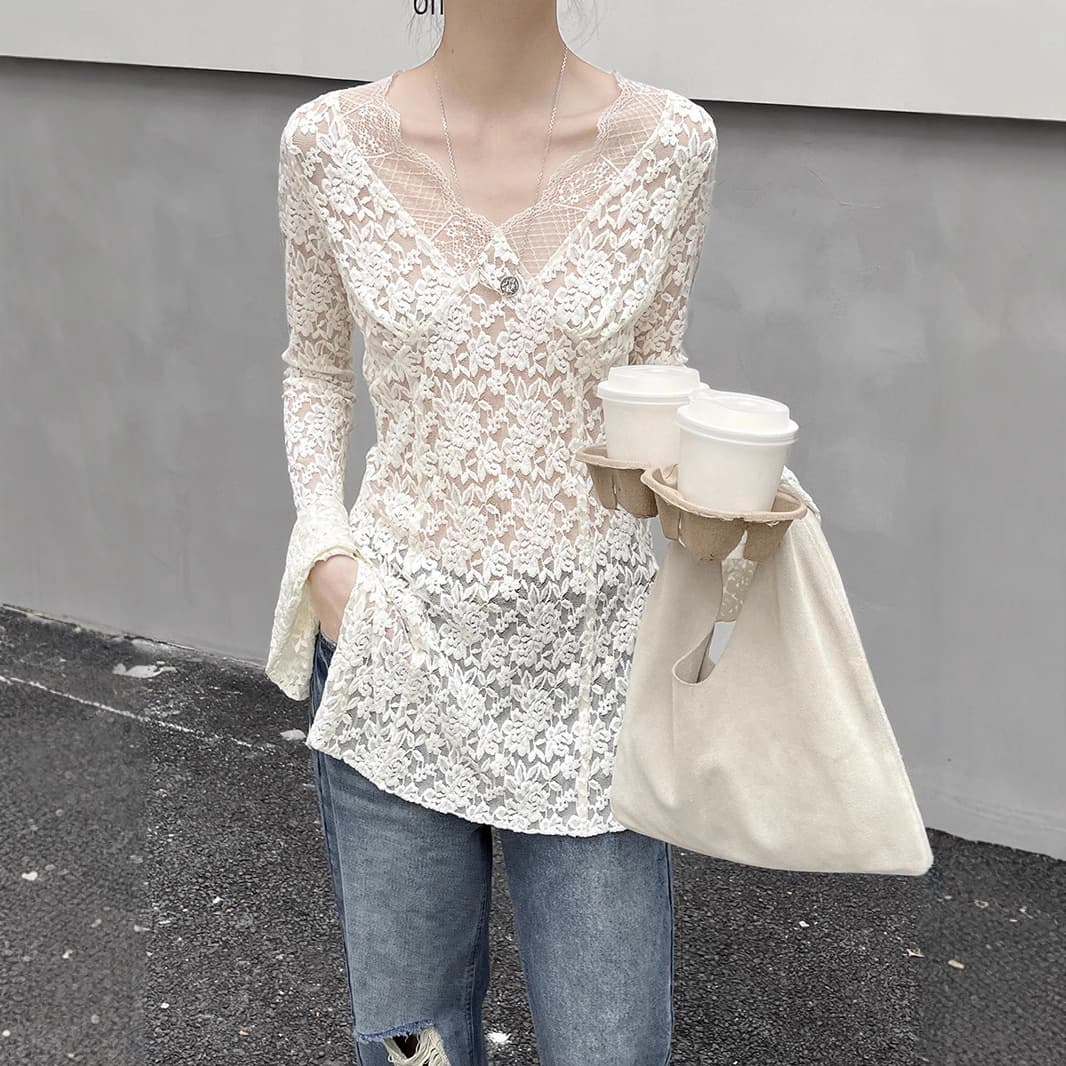 レース 服 透かし模様レース長袖ブラウス
