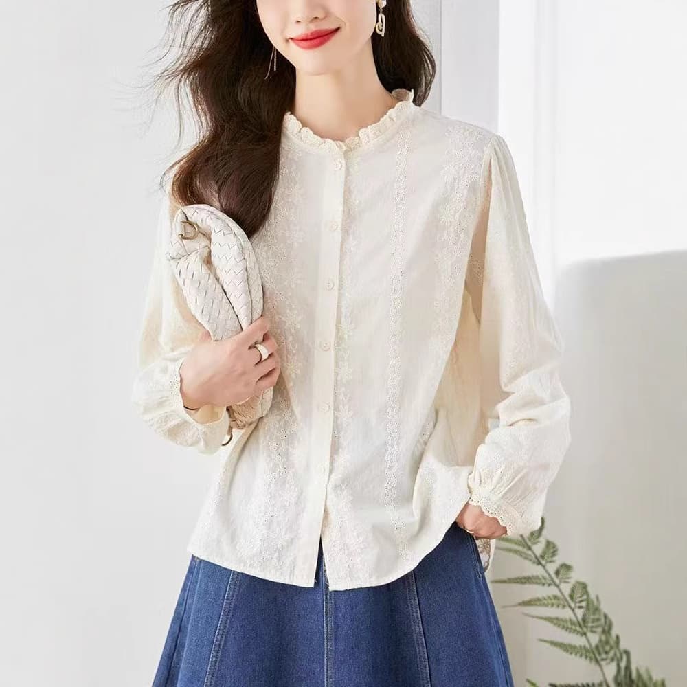レース 服 花刺繍レース襟ふんわり袖ブラウス