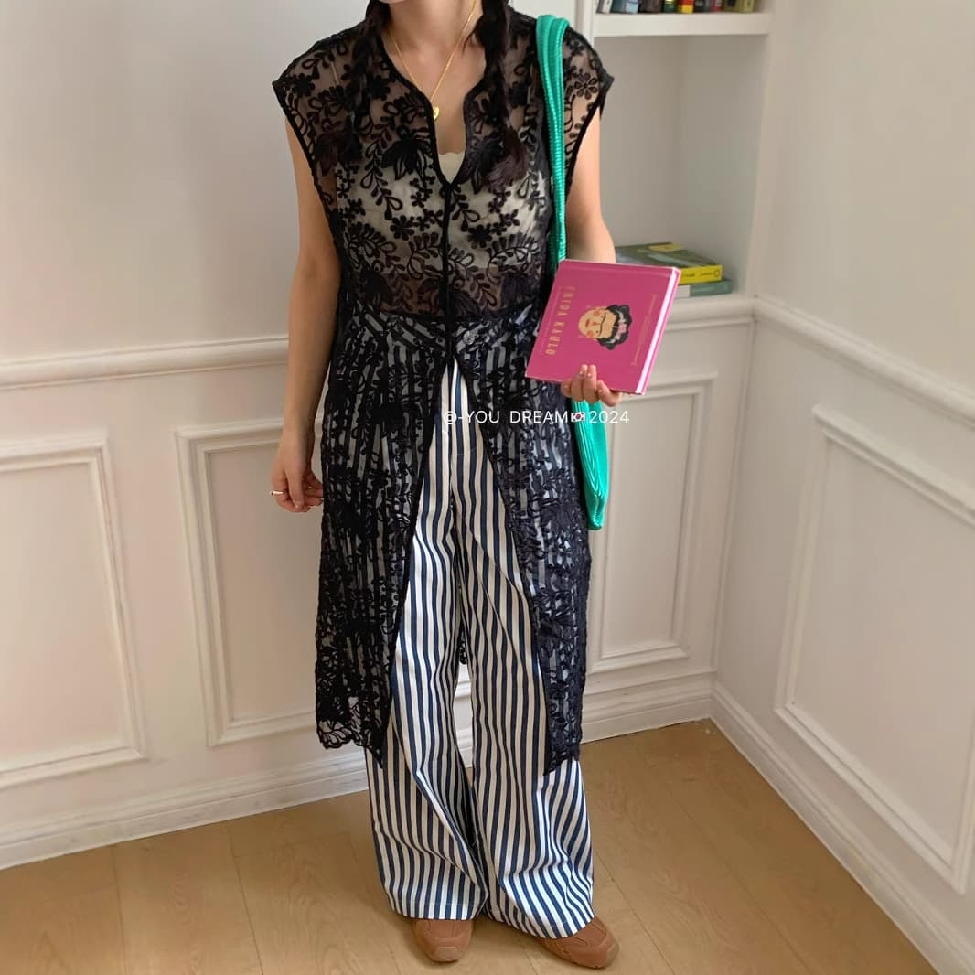 レース 服 透かし模様ロングレースベスト