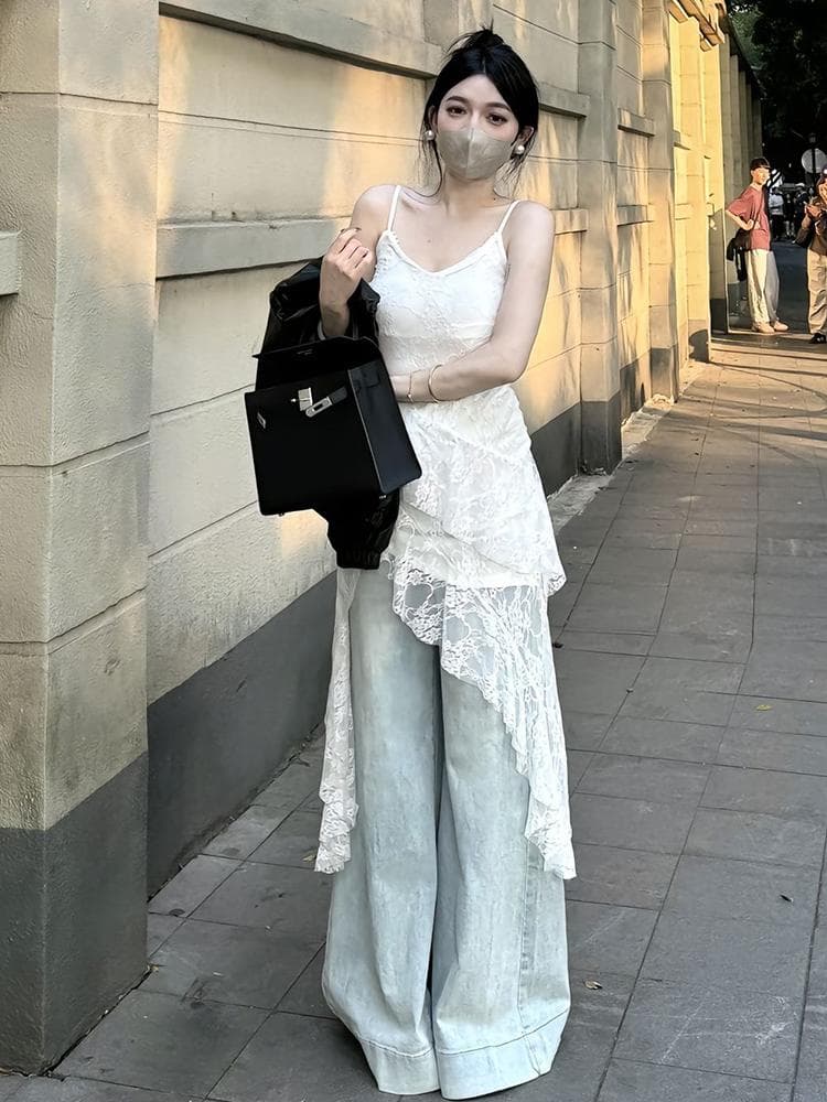 レース 服 レース重ね非対称裾キャミソールワンピース