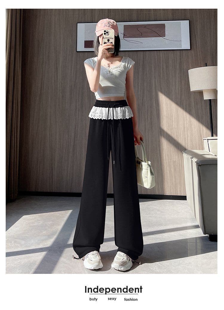 レース 服 レース装飾ウエスト ゆったりワイドパンツ