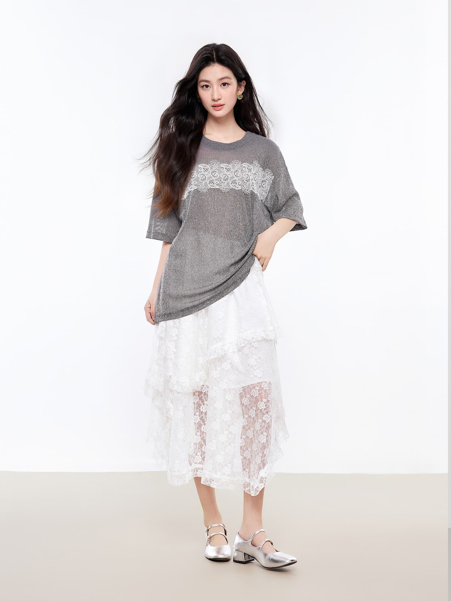 レース 服 花模様レース飾りゆったりトップス