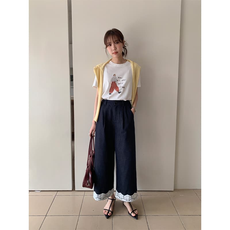 レース 服 裾レース装飾ワイドパンツ