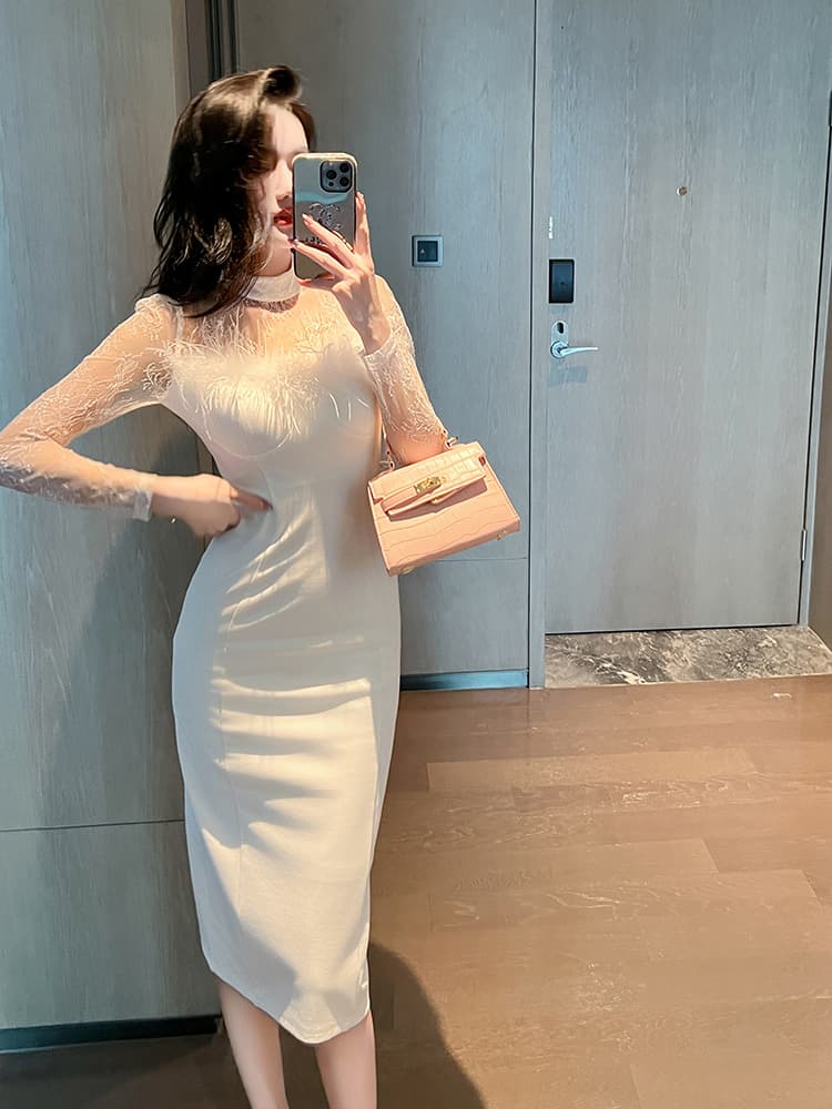 レース 服 上品シアーレース切替えミディ丈ワンピース