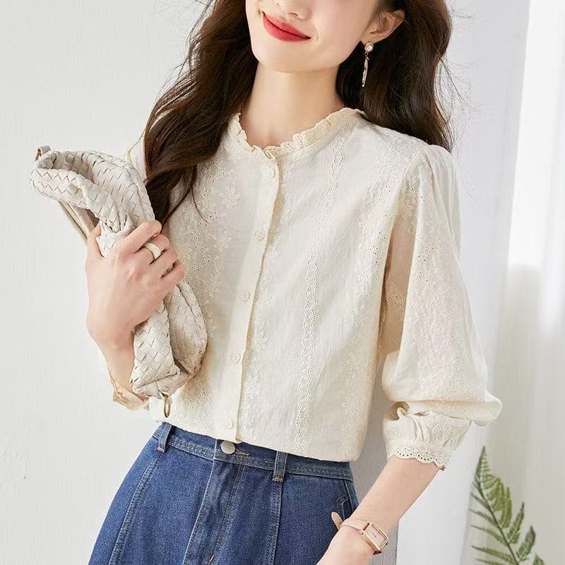 レース 服 花刺繍レース襟ふんわり袖ブラウス