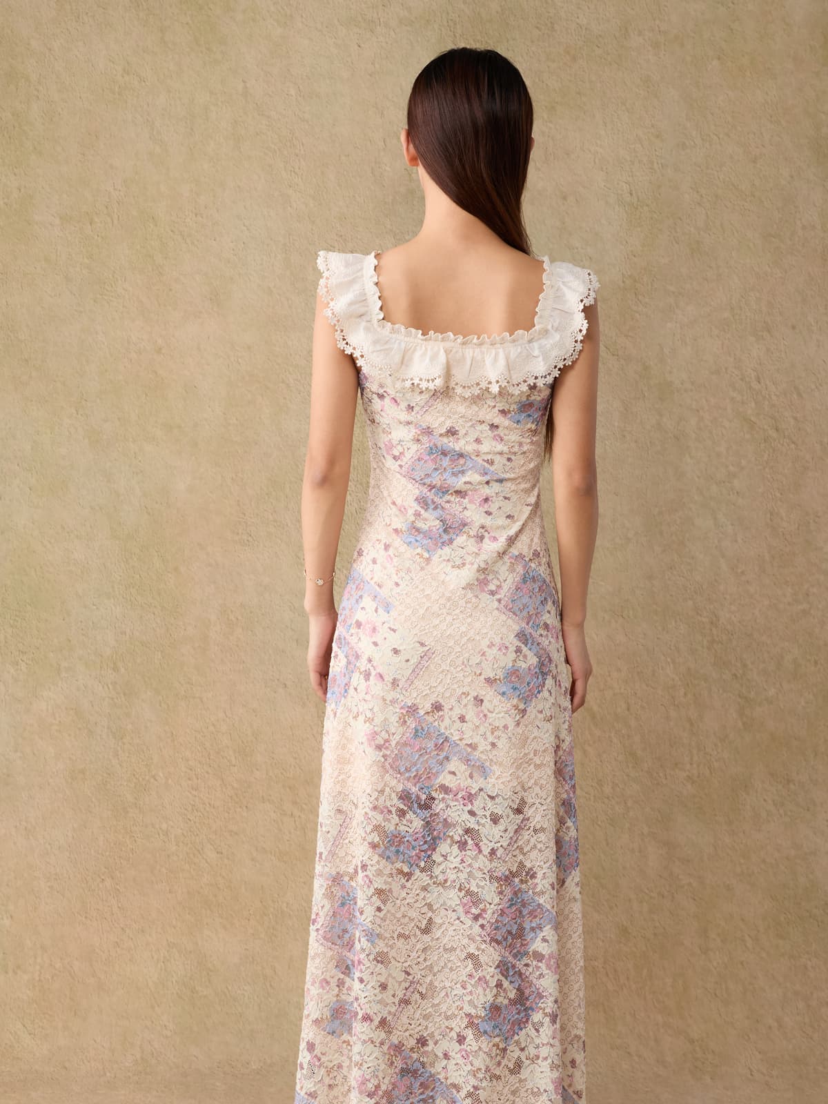 レース 服 花柄フリルレースロングワンピース