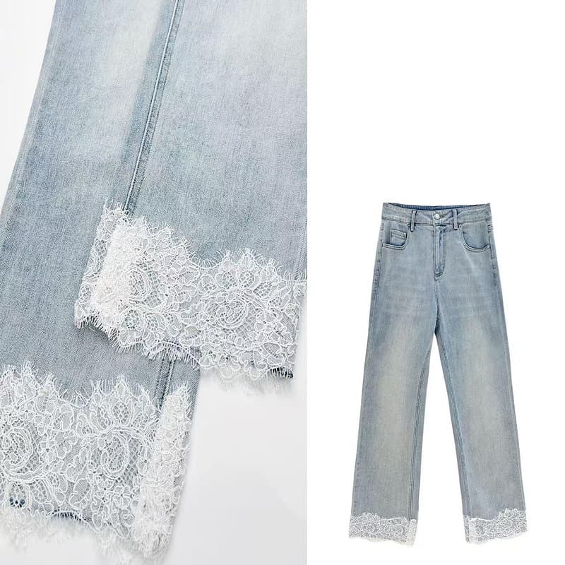 レース 服 繊細レース裾デザインデニムパンツ