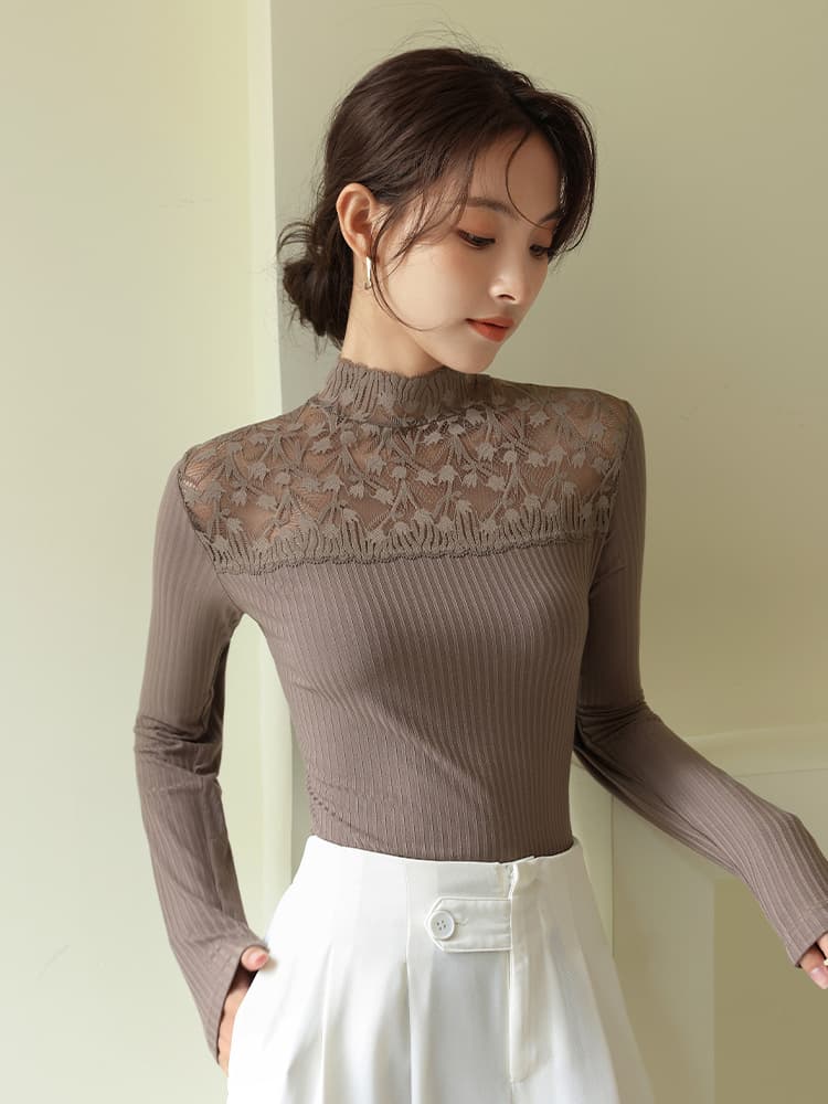 レース 服 レース切替リブニットトップス