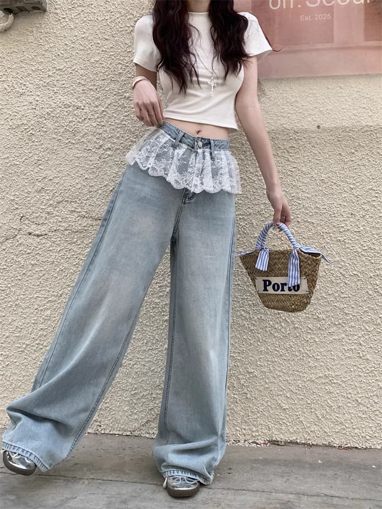 レース 服 レース飾り付き極太デニムパンツ