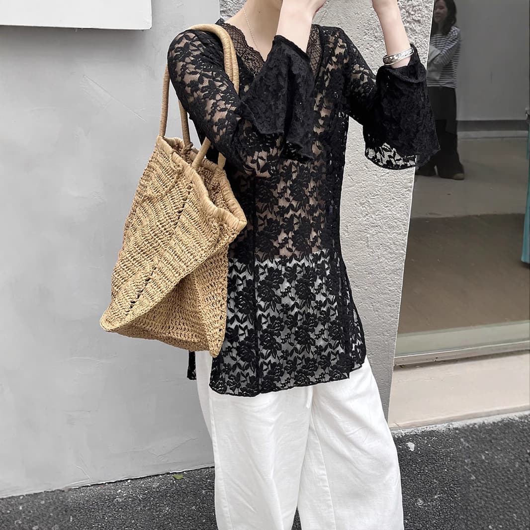 レース 服 透かし編みレース華麗長袖ブラウス