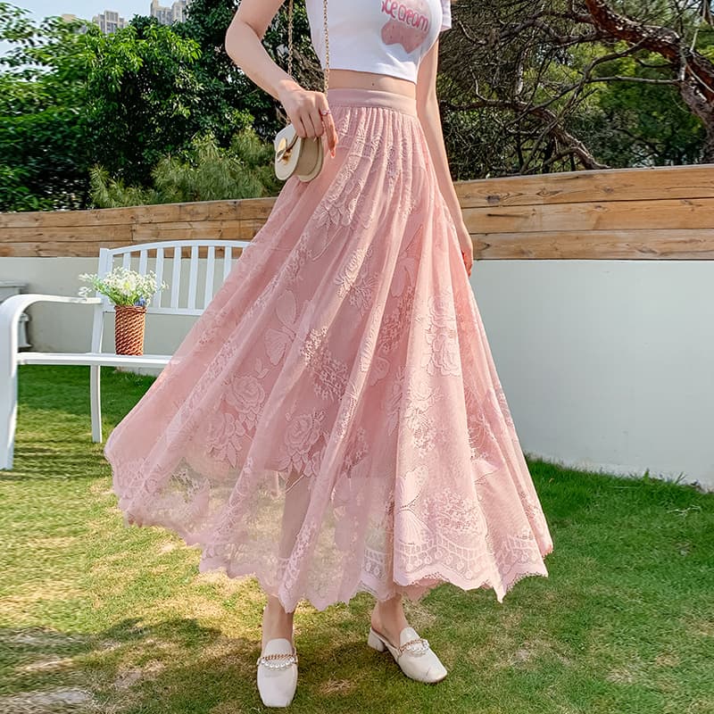 レースファッション 優美な花柄レース マキシスカート