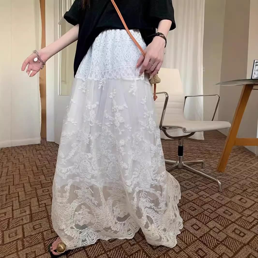 レースファッション レディース 花柄総レースロング丈スカート