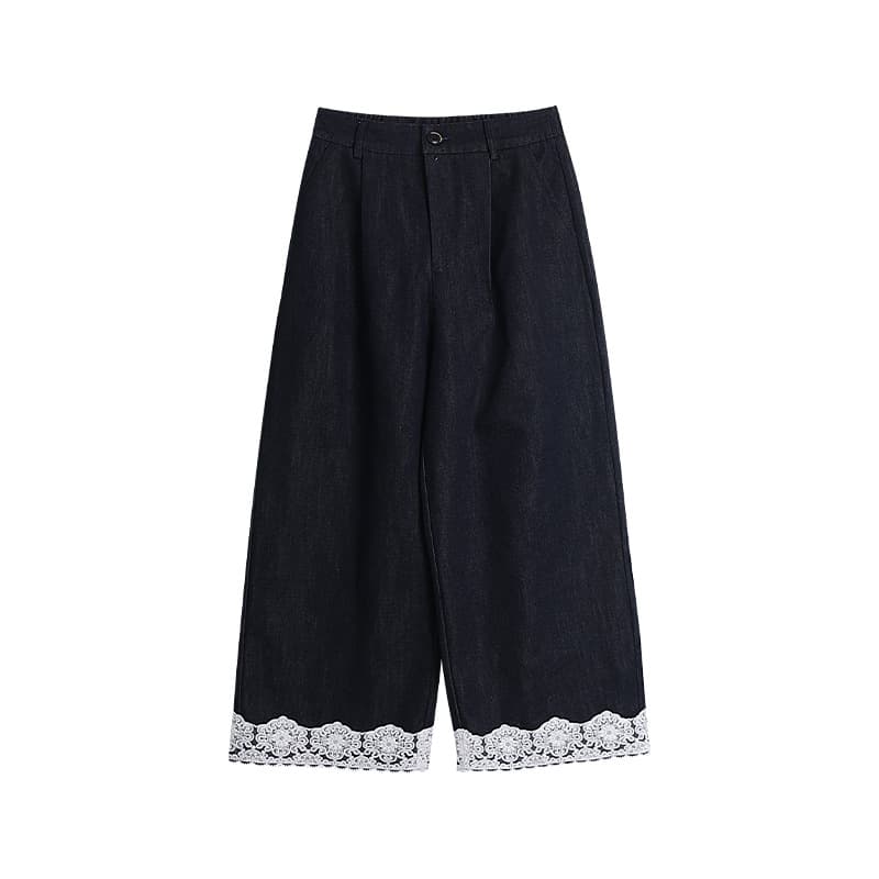 レース 服 裾レース装飾ワイドパンツ