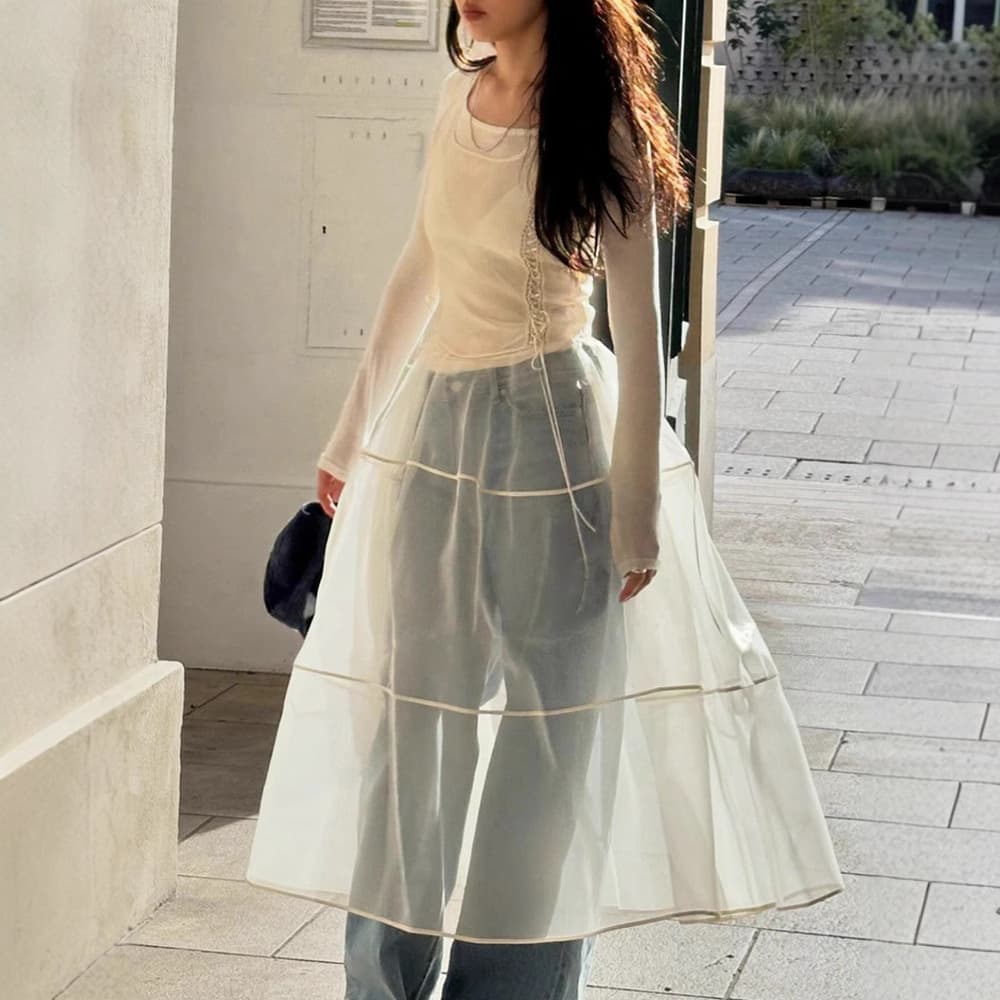 レース 服 透け感シアーレイヤードスカート風デニム
